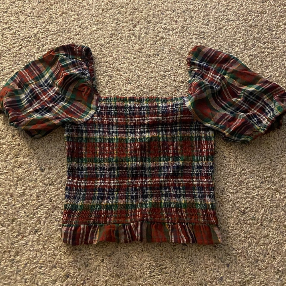 American Eagle Flannel Printed Short Sleeve Blouse